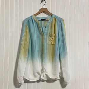 Zac & Rachel Ombre Striped Tie Front Shirt XL Blue Green Gauzy Boho Roll Tab